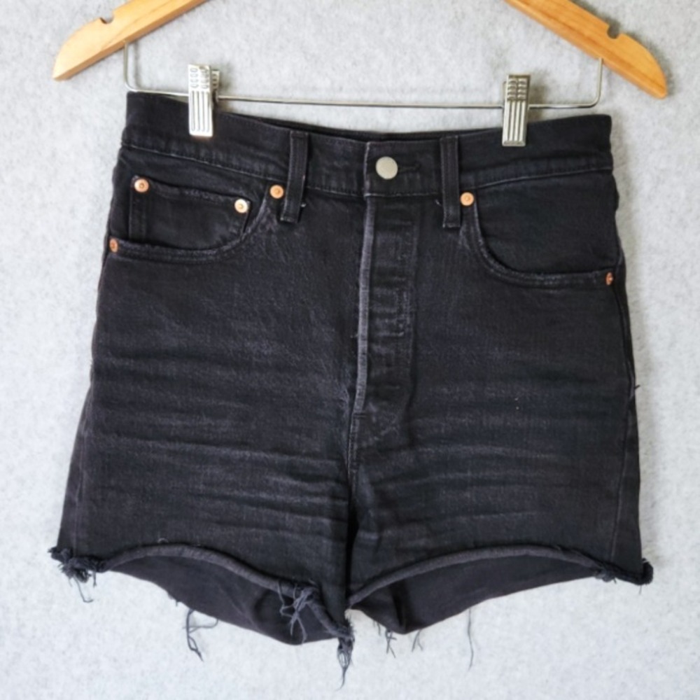 Levis Ribcage Crop Flare Cut Off Jean Shorts 27 Black Button Fly Big E Denim